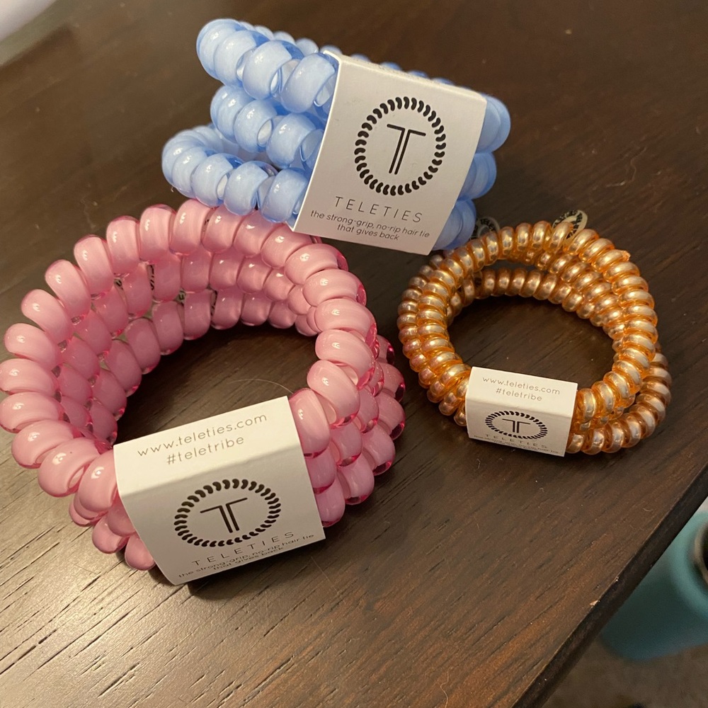 Brand New 3 Sets of Teleties - flamingo, washed denim, and millennial pink